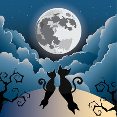 silhouette of two cat under the full moon ,halloween vector