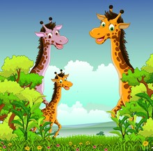 Family Of Giraffe Crtoon With Forest Background