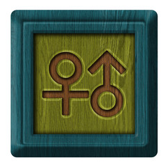 Male and female signs, wooden label