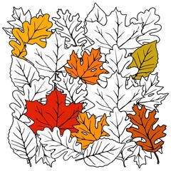 Wall Mural - Autumn background pattern with silhouettes of leaves, vector