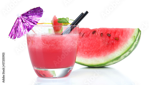 Fototapeta na wymiar Glass of fresh watermelon juice, isolated on white