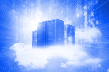 Fototapete - Shiny bright hologram of server towers in clouds