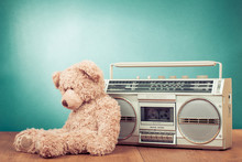 Retro Toy Teddy Bear And Radio Recorder In Front Mint Green