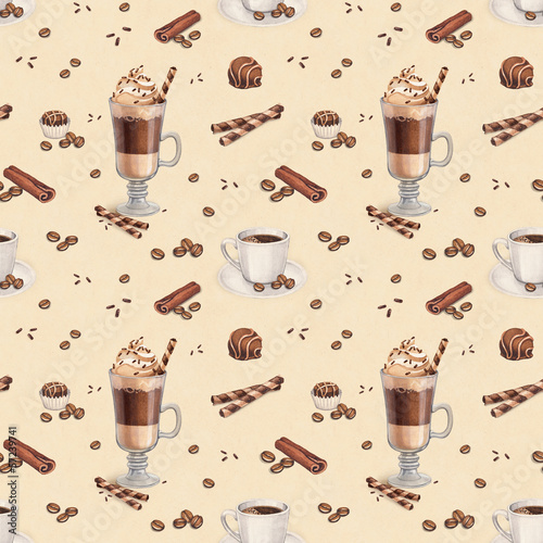 Obraz w ramie Seamless pattern with illustrations of coffee cup and chocolate