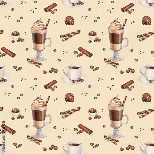 Fototapeta na wymiar Seamless pattern with illustrations of coffee cup and chocolate