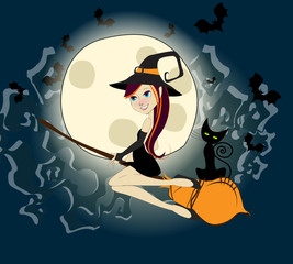 Wall Mural - Cute Halloween witch with black cat flying in front of a full Mo