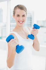 Wall Mural - Sporty smiling woman exercising with dumbbells