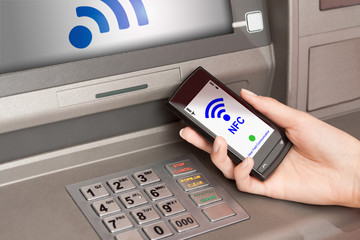 Poster - withdrawing money atm with mobile phone a NFC terminal