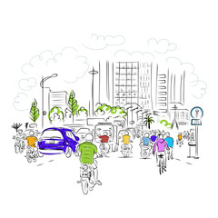 Poster - Sketch of traffic road in asian city with motorbikes for your