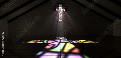Fotografie, Obraz Stained Glass Window Crucifix Light Ray Color