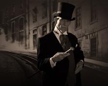Man 1900 Style Wearing Black Hat And Coat. Dickens Style In Nigh
