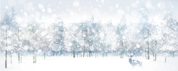 Wall Mural - vector of winter scene with deer on forest background.