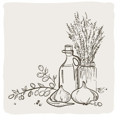 Sticker - Sketch of branch with olives, bottle and vegetables.