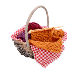 Wall Mural - Purple, red and orange wool with knitting in a basket