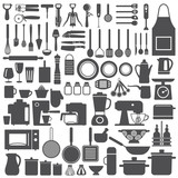 Fototapeta Kuchnia - Kitchen related utensils and appliances silhouette icons