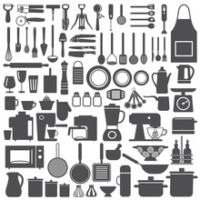 Kitchen Related Utensils And Appliances Silhouette Icons