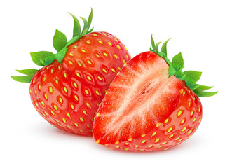Fototapete - Isolated strawberries. Two cut strawberry fruits isolated on white background