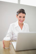 © lightwavemedia - Smiling gorgeous businesswoman working on laptop