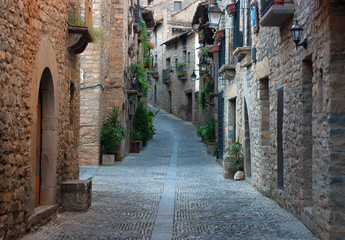 Old street in the medieval village of Ainsa.Aragon.Spain