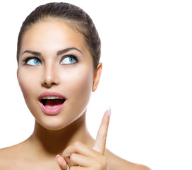 Wall Mural - beauty portrait. beautiful spa girl showing finger up