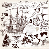 Vector set of vintage elements on marine theme with ship and swi