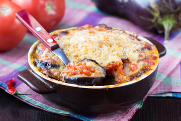 Tasty Italian dish, appetizer with eggplant, cheese and tomato