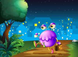 Poster - A purple monster holding a bag walking in the middle of the nigh