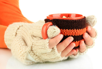 Fototapete - Cup with knitted thing on it in female hands isolated on white
