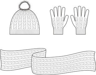 Wall Mural - Vector illustration of knitted cap, gloves, scarf