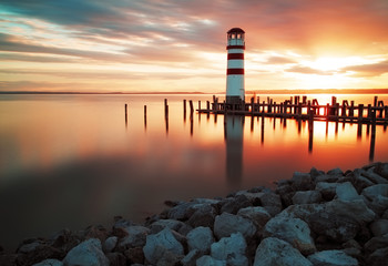 Canvas Print - Landscape ocean sunset - lighthouse