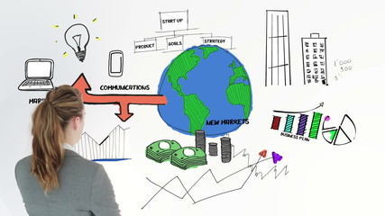 Poster - Colored animation showing business plan and a businesswoman