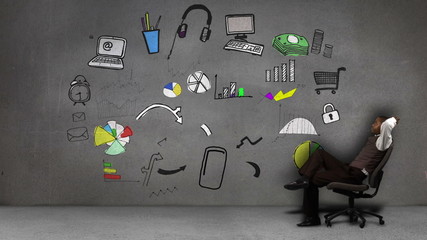 Poster - Businessman sitting in front of animation of consumer behavior