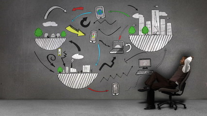Poster - Businessman sitting in front of colored animation