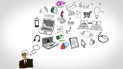 Poster - Colored animation of man having idea and developing plan
