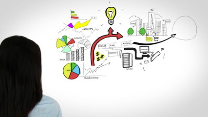 Poster - Colored animation showing business plan and a woman touching