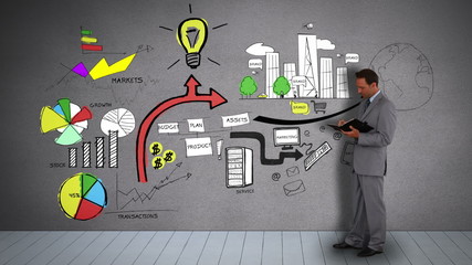 Poster - Businessman with diary watching animated business plan