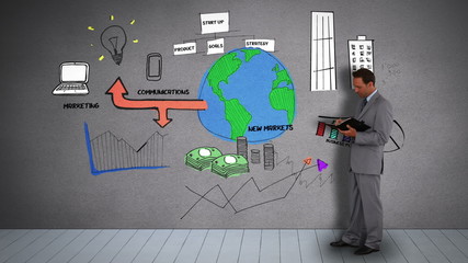 Poster - Businessman holding diary watching animated business plan