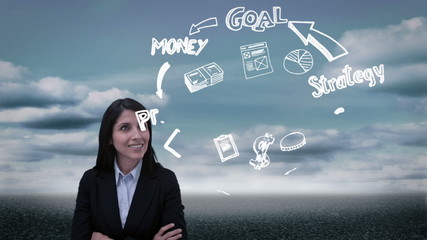 Poster - Content businesswoman watching holographic business plan cycle