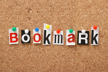 the word bookmark on a cork notice board