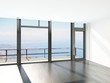 Empty room interior with floor to ceiling windows and scenic vie