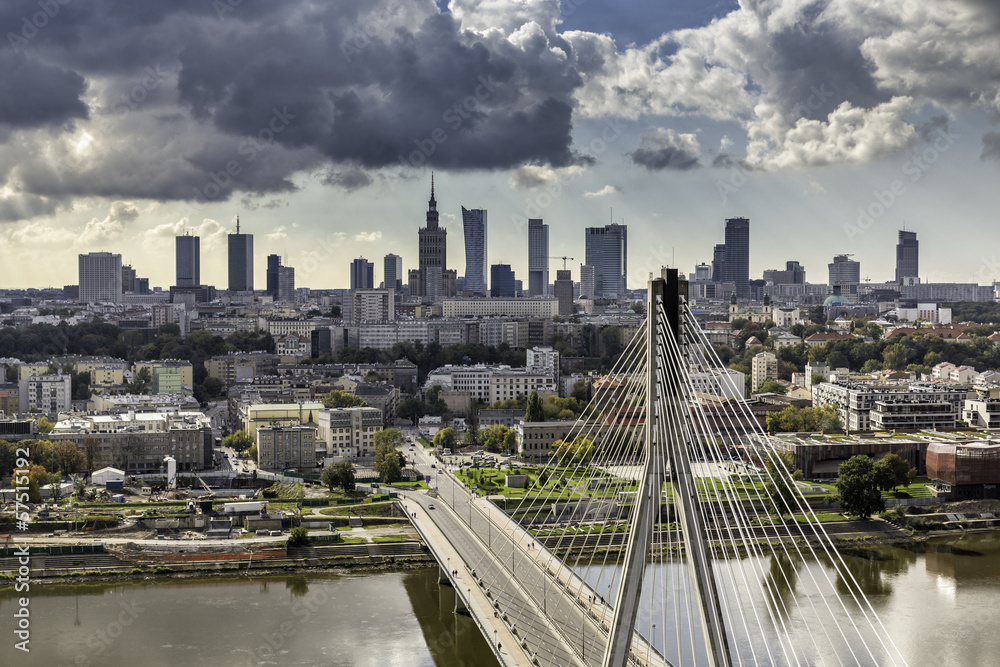 Warsaw skyline behind the bridge - obrazy, fototapety, plakaty 