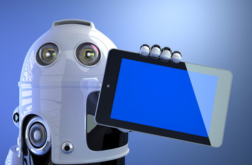 Poster - Robot holding blank digital tablet computer