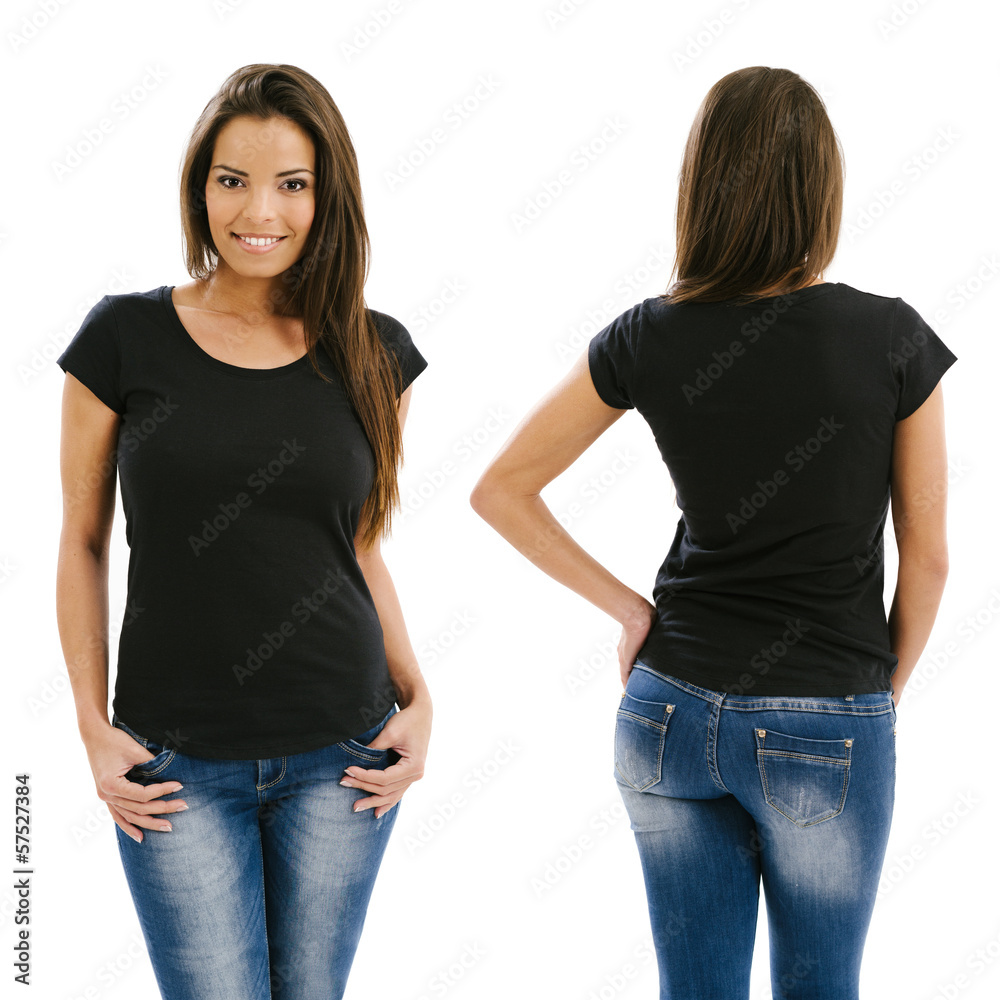 Sexy woman posing with blank black shirt - obrazy, fototapety, plakaty 