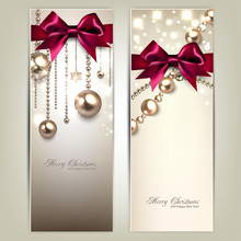 Elegant Christmas Banners With Golden Baubles And Red Bows. Vect