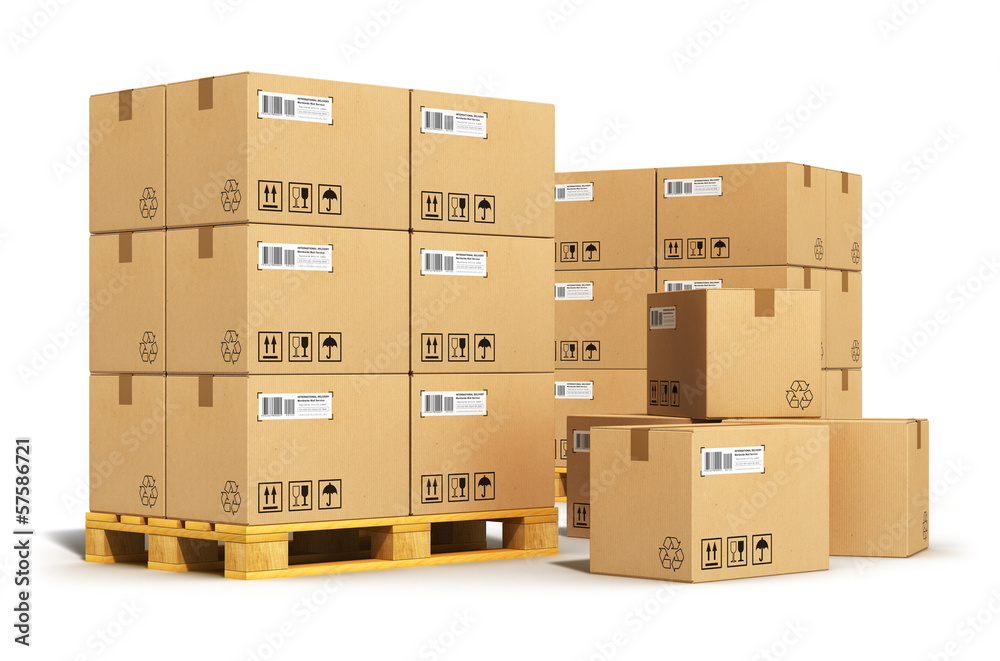 Cardboard boxes on shipping pallets - obrazy, fototapety, plakaty 