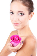 Wall Mural - Beautiful girl with rose close-up isolated on white