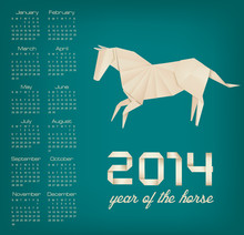 Retro Calendar For The Year 2014. Origami Horse. Vector.