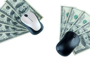 Computer mouse on dollars isolated on white