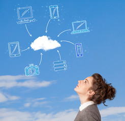 Poster - Casual girl looking at cloud computing concept on blue sky