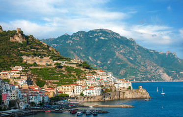 Fototapete - Aerial view of the Amalfi Coast with Amalfi city, Italy